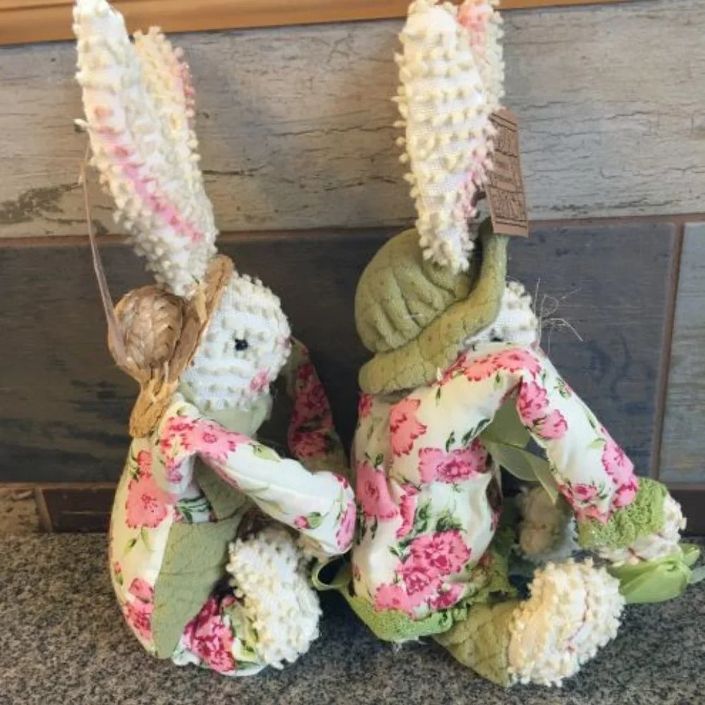 Shabby Chic Chenille Easter Bunny Rabbit Boy & Girl Plush Sitters NEW Lot of 2